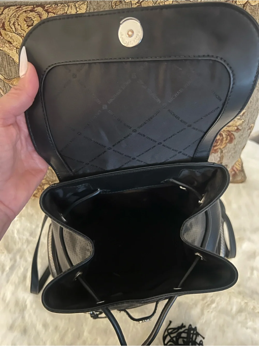 MICHAEL KORS Black Perforated Leather Drawstring Backpack